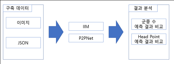 구축 데이터 (이미지, JSON)을 IIM, P2PNet 을 거쳐 결과 분석(군중수 예측 결과 비교, Head Point 예측 결과 비교)이 나온다는 도식표