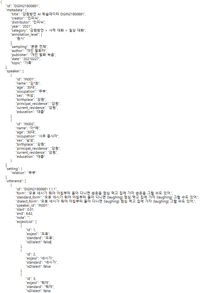 한국어 방언 발화(강원도) 실제 데이터의 구성 예시 이미지