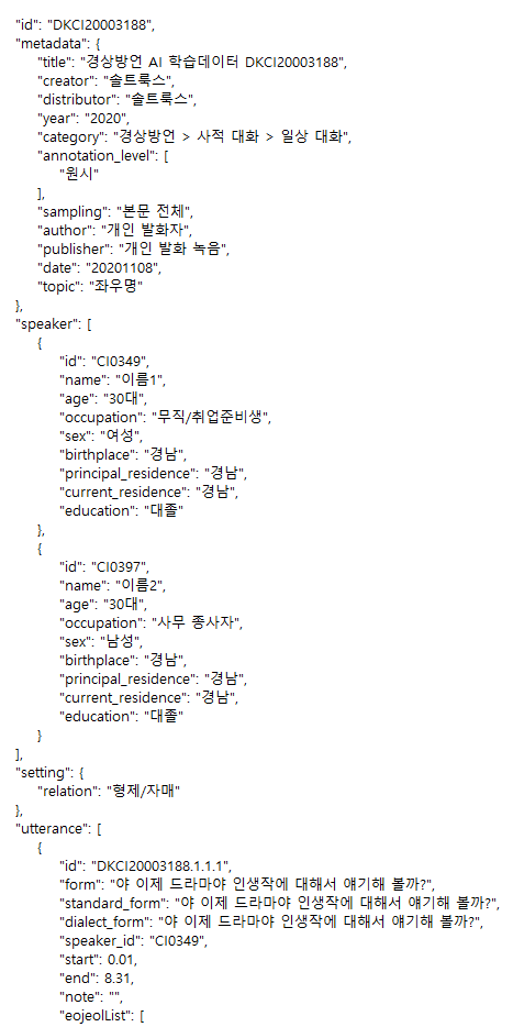 한국어 방언 발화(경상도) 실제 데이터의 구성 예시 이미지